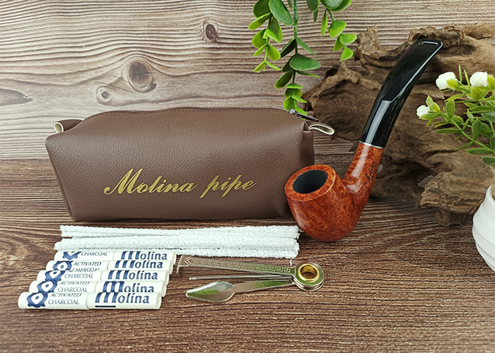 (Sold Out) ไปป์ Molina Starter Kit Smooth Light Brown Bent Billiard 9mm